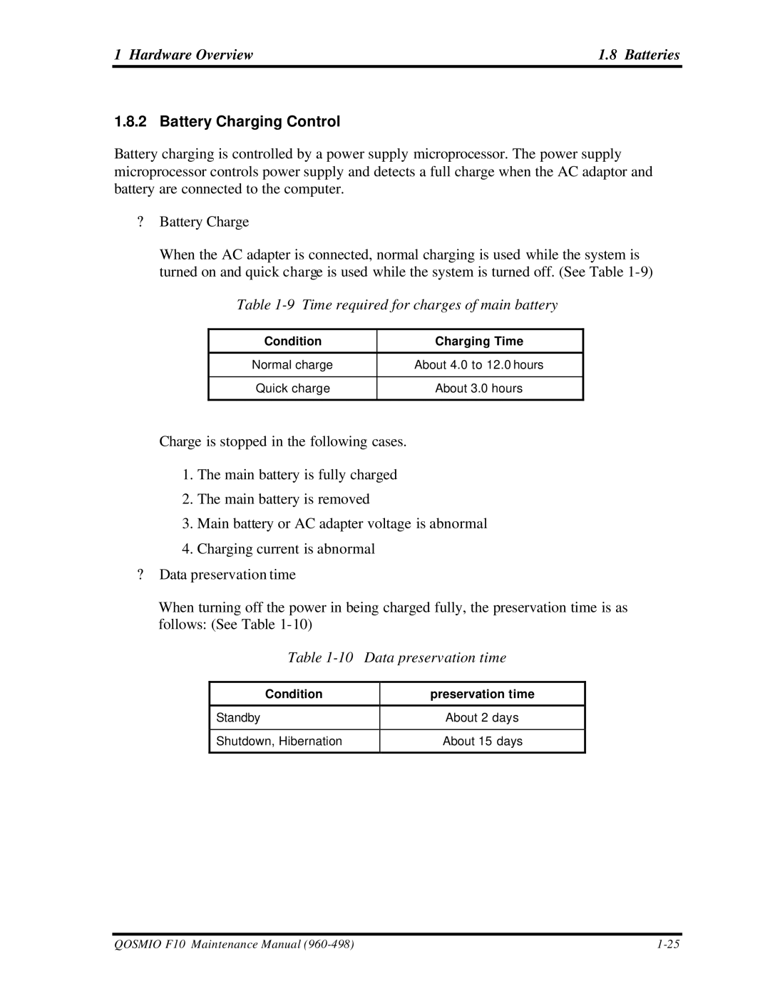 Toshiba qosmio f10 manual Hardware Overview Batteries, Battery Charging Control, Time required for charges of main battery 