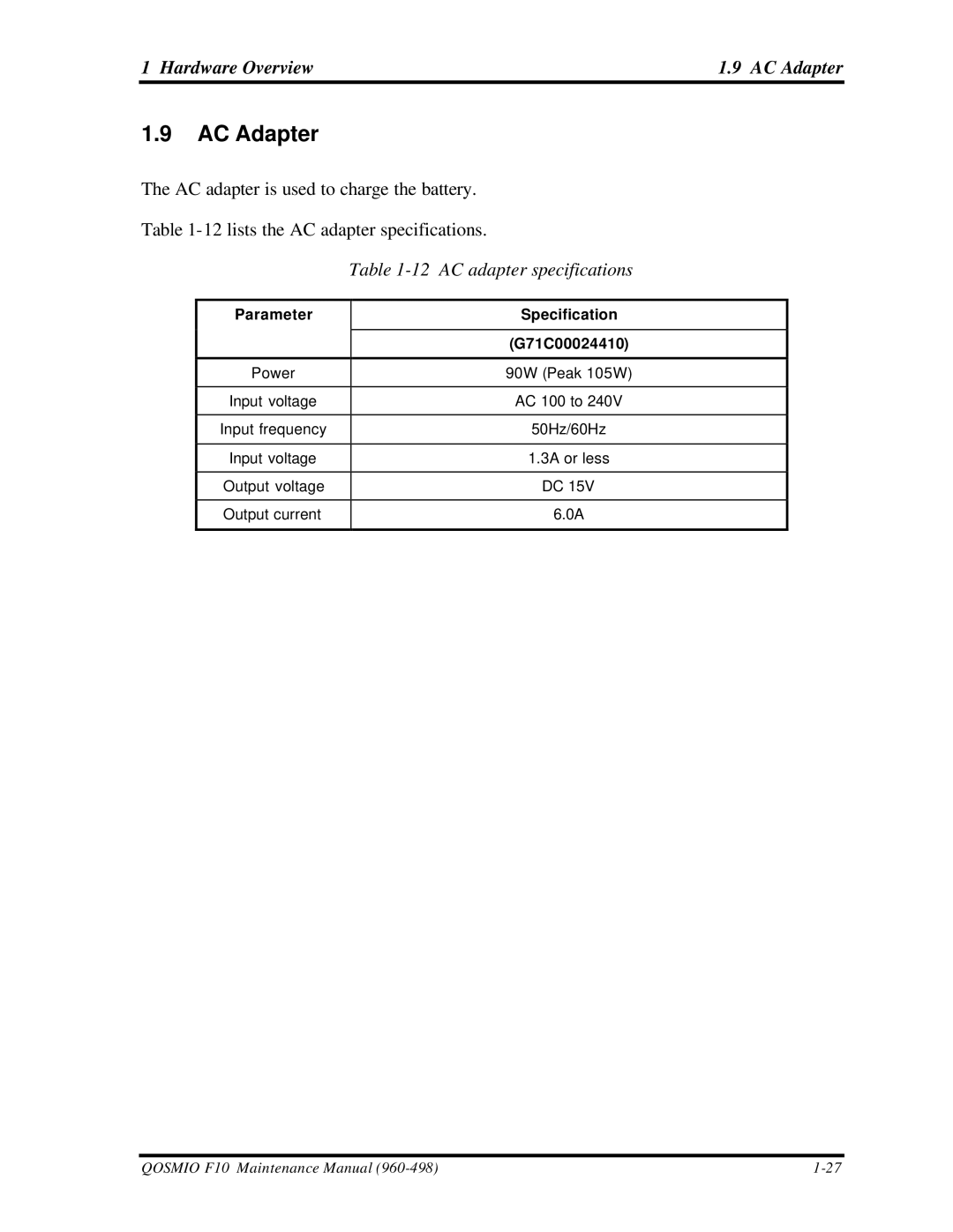 Toshiba qosmio f10 manual Hardware Overview AC Adapter, AC adapter specifications, Parameter Specification G71C00024410 