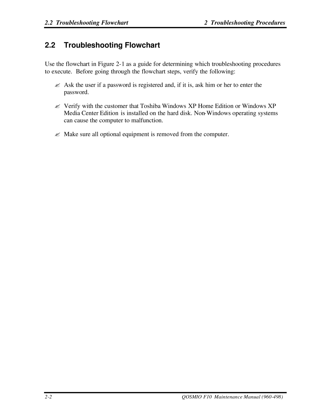 Toshiba qosmio f10 manual Troubleshooting Flowchart Troubleshooting Procedures 