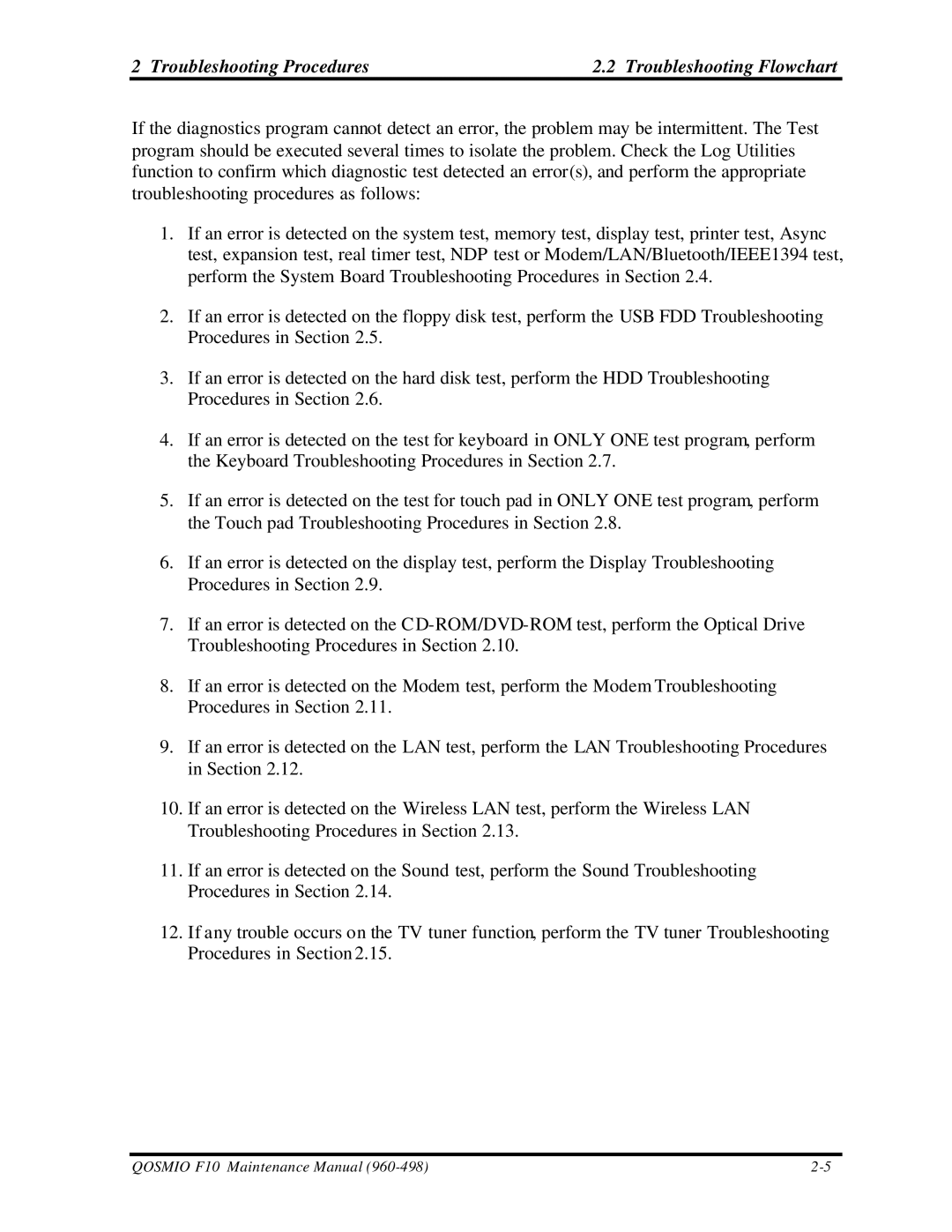 Toshiba qosmio f10 manual Troubleshooting Procedures Troubleshooting Flowchart 