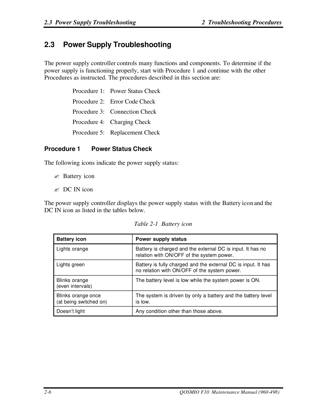 Toshiba qosmio f10 manual Power Supply Troubleshooting Troubleshooting Procedures, Procedure 1 Power Status Check 