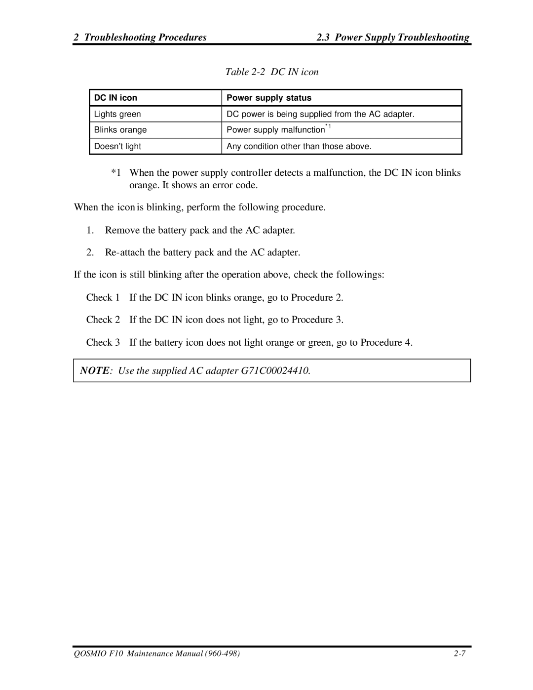 Toshiba qosmio f10 manual Troubleshooting Procedures Power Supply Troubleshooting, DC in icon Power supply status 