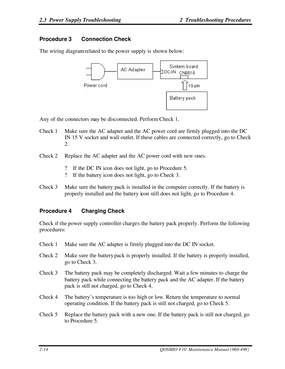 Toshiba qosmio f10 manual Procedure 3 Connection Check, Procedure 4 Charging Check 