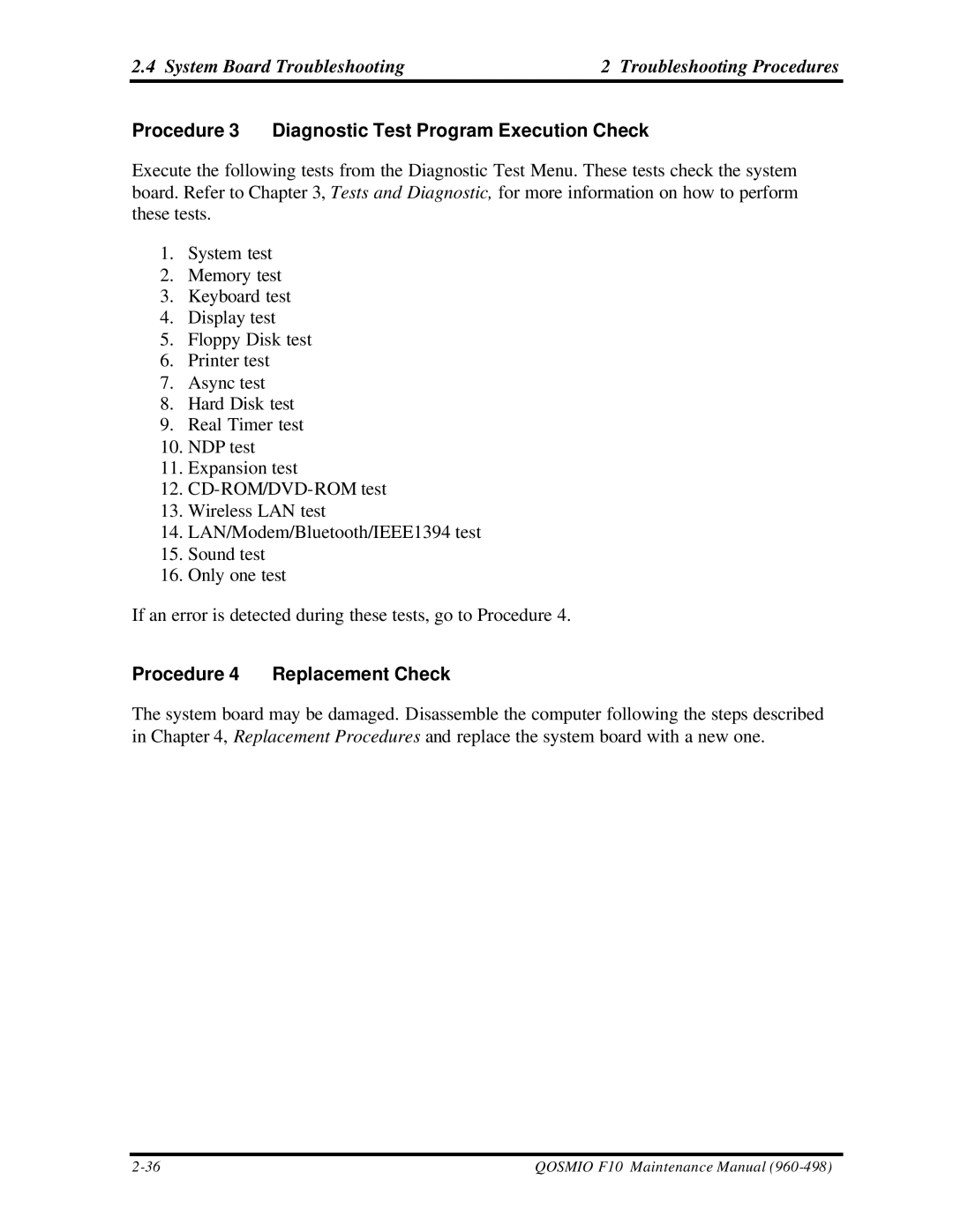 Toshiba qosmio f10 manual Procedure 3 Diagnostic Test Program Execution Check, Procedure 4 Replacement Check 