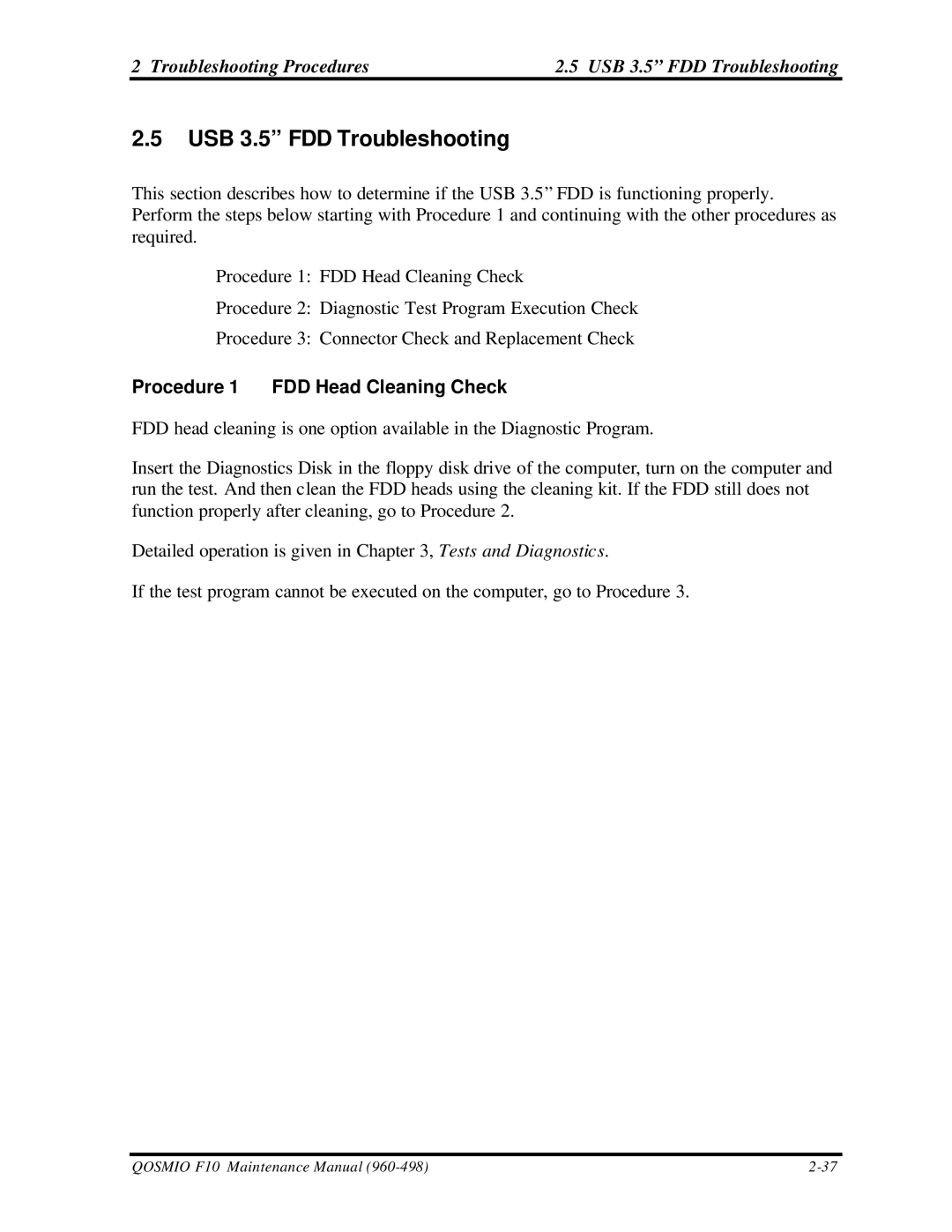 Toshiba qosmio f10 manual Troubleshooting Procedures USB 3.5 FDD Troubleshooting, Procedure 1 FDD Head Cleaning Check 