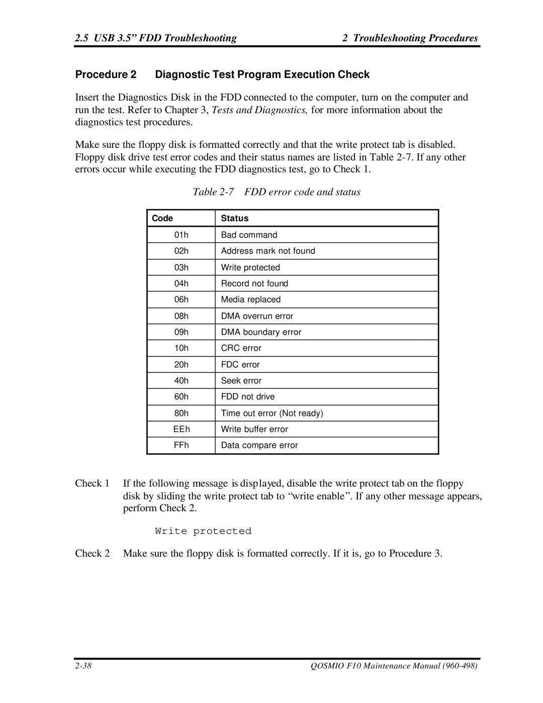 Toshiba qosmio f10 manual USB 3.5 FDD Troubleshooting Troubleshooting Procedures, FDD error code and status, Code Status 