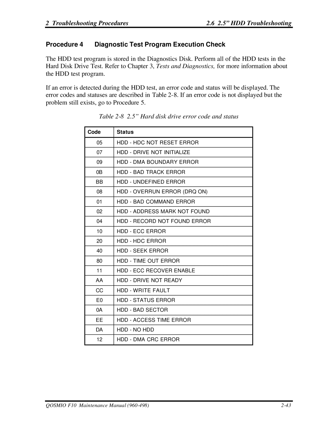 Toshiba qosmio f10 manual Procedure 4 Diagnostic Test Program Execution Check, Hard disk drive error code and status 