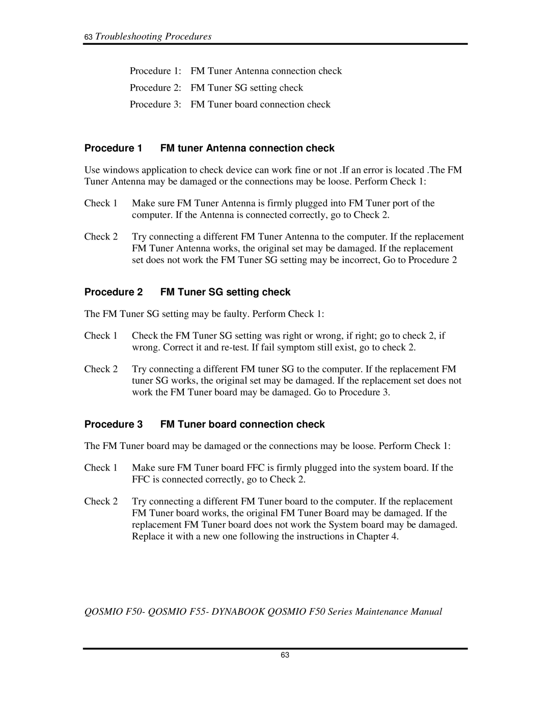 Toshiba Qosmio F50 63TroubleshootingProcedures, Procedure1 FMtunerAntennaconnectioncheck, Procedure2 FMTunerSGsettingcheck 