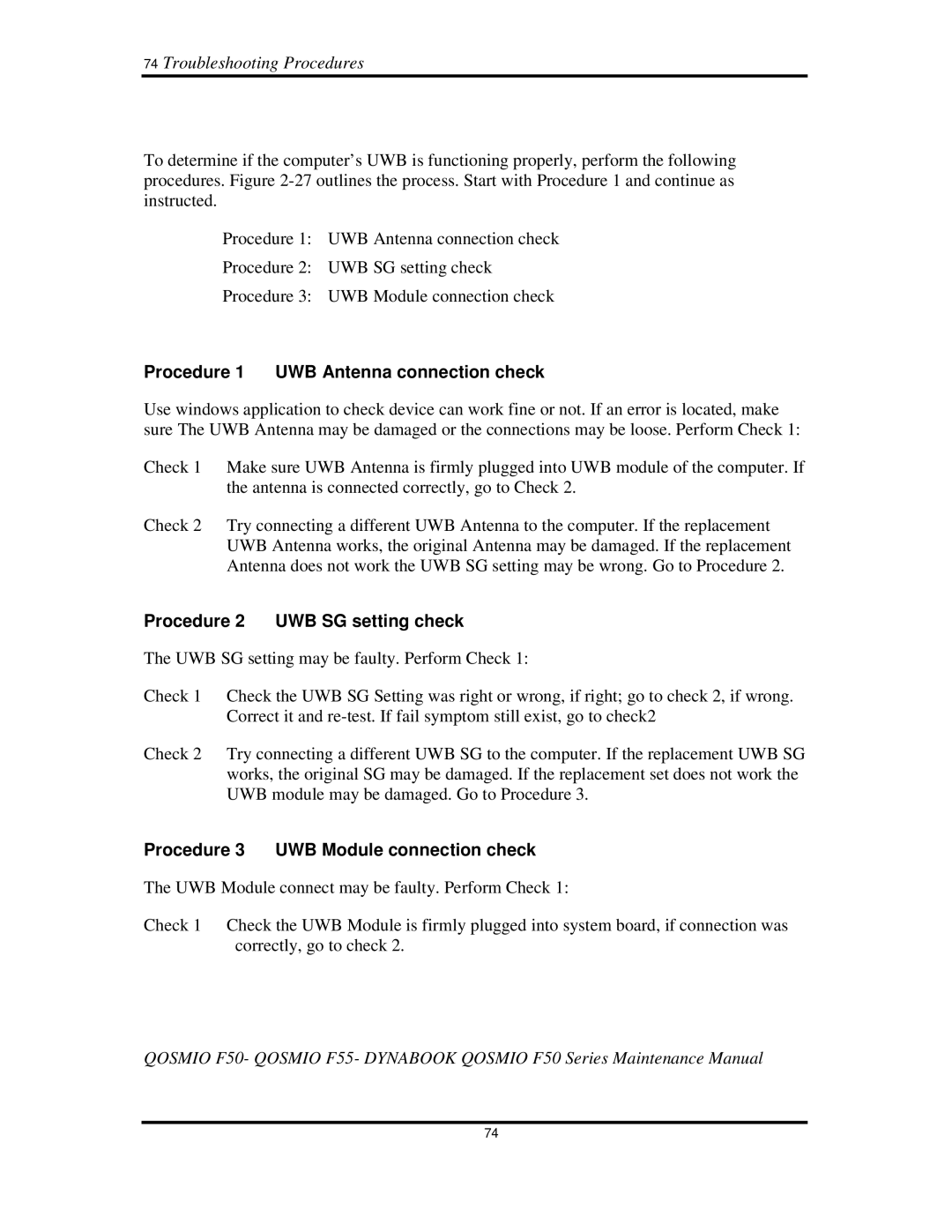 Toshiba Qosmio F50 manual 74TroubleshootingProcedures, Procedure1 UWBAntennaconnectioncheck, Procedure2 UWBSGsettingcheck 