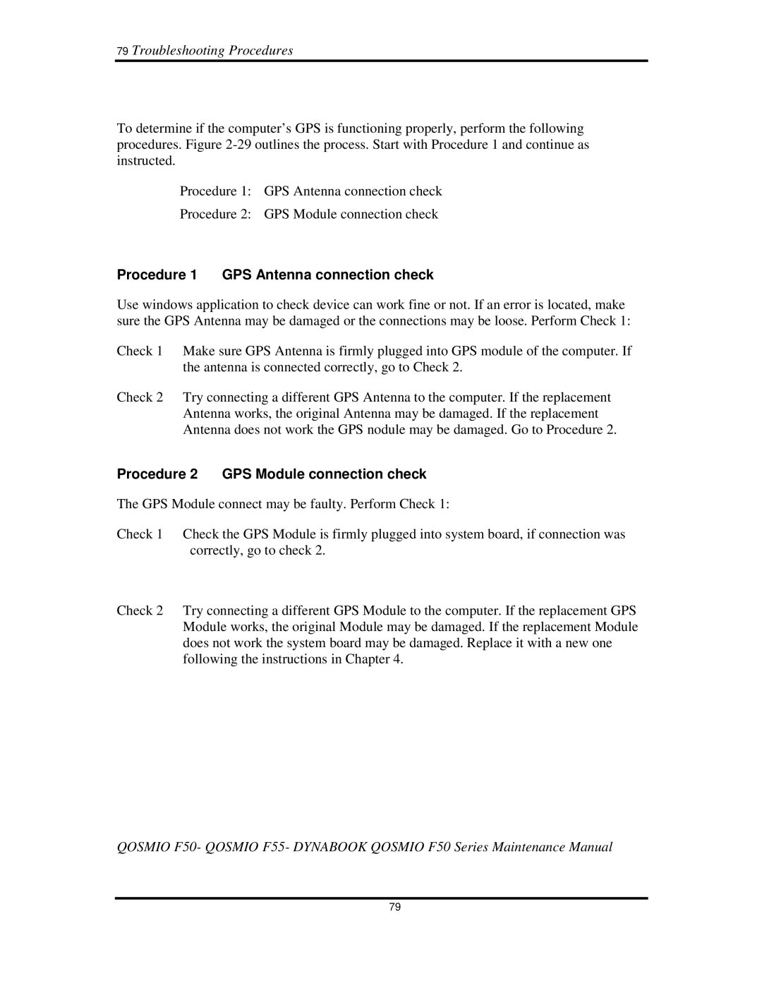 Toshiba Qosmio F50 79TroubleshootingProcedures, Procedure1 GPSAntennaconnectioncheck, Procedure2 GPSModuleconnectioncheck 