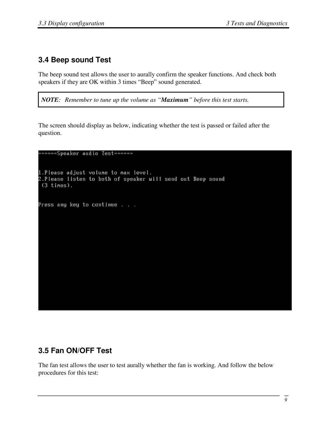 Toshiba Qosmio F50 manual 4BeepsoundTest, 5FanON/OFFTest, 3Displayconfiguration 