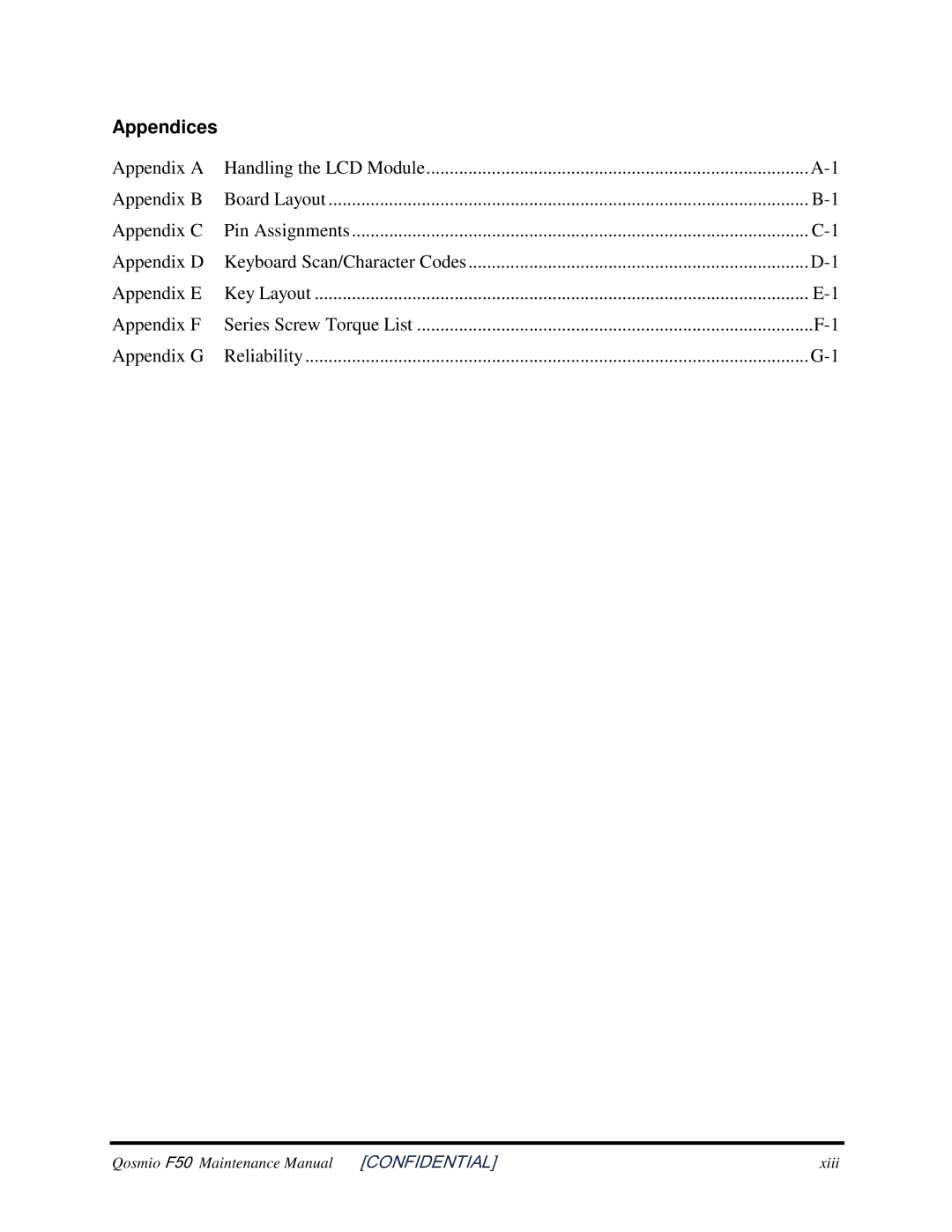 Toshiba Qosmio F50 manual AppendixA, AppendixB, AppendixC, AppendixD, AppendixE, AppendixF, AppendixG 