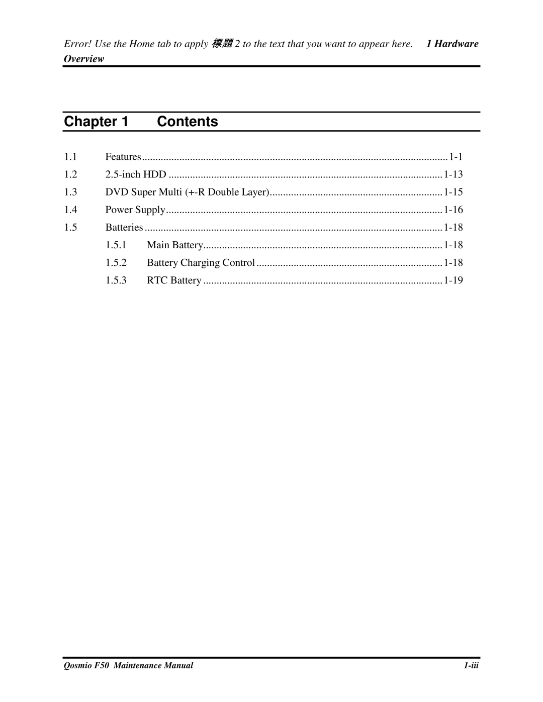 Toshiba Qosmio F50 manual Contents 