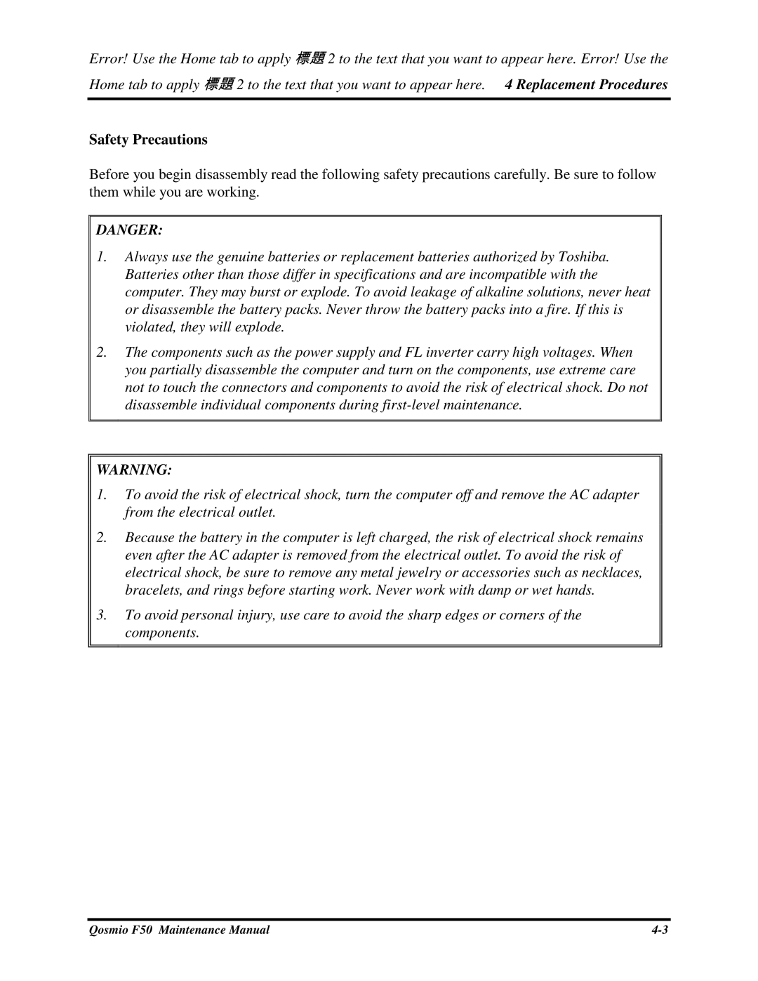 Toshiba Qosmio F50 manual SafetyPrecautions 