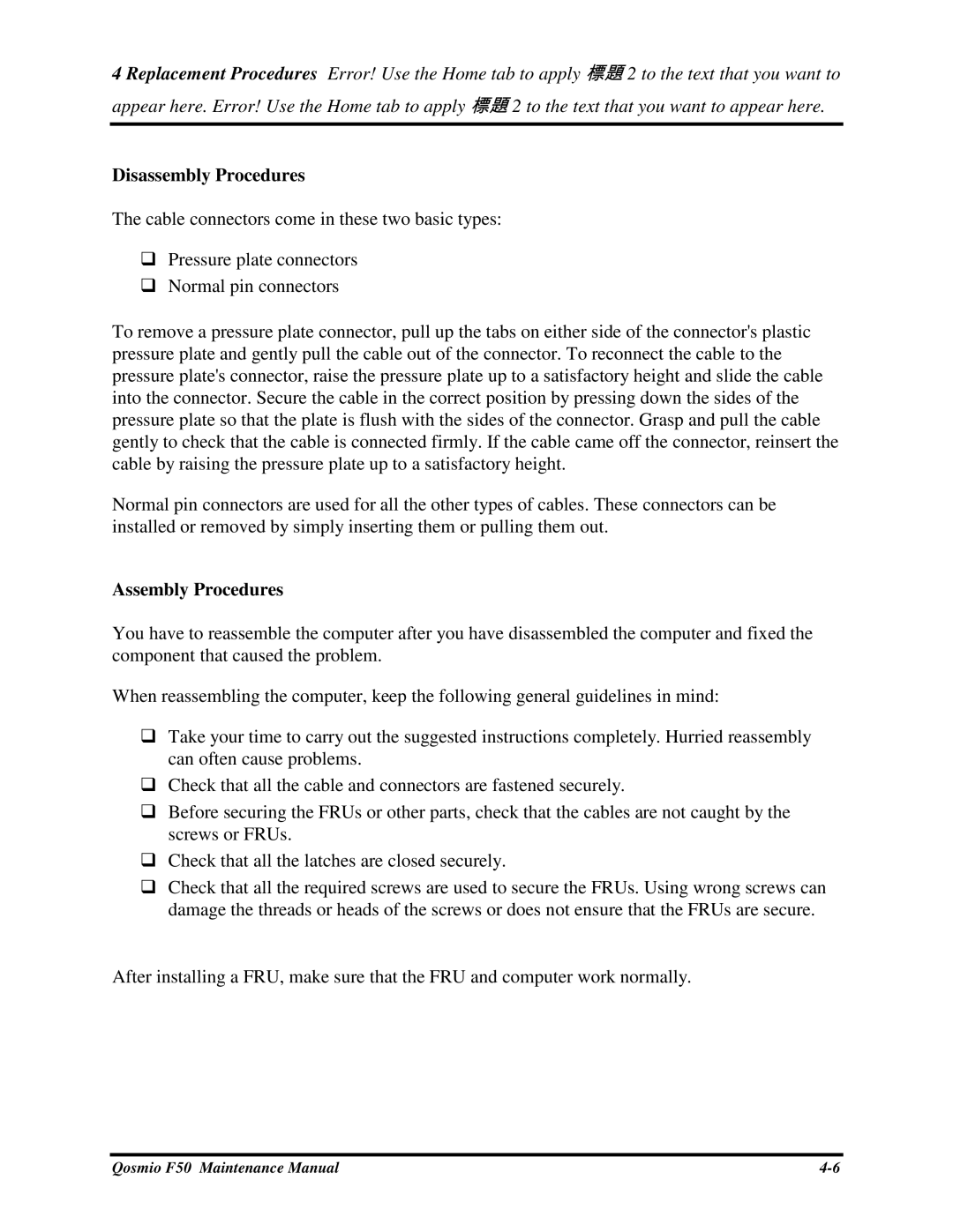 Toshiba Qosmio F50 manual DisassemblyProcedures, AssemblyProcedures 