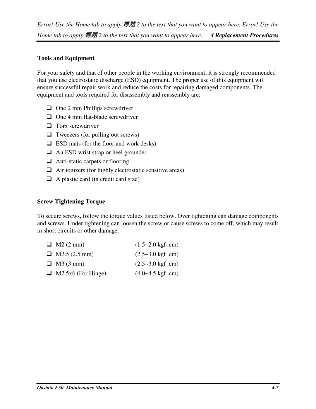 Toshiba Qosmio F50 manual ToolsandEquipment, ScrewTighteningTorque 