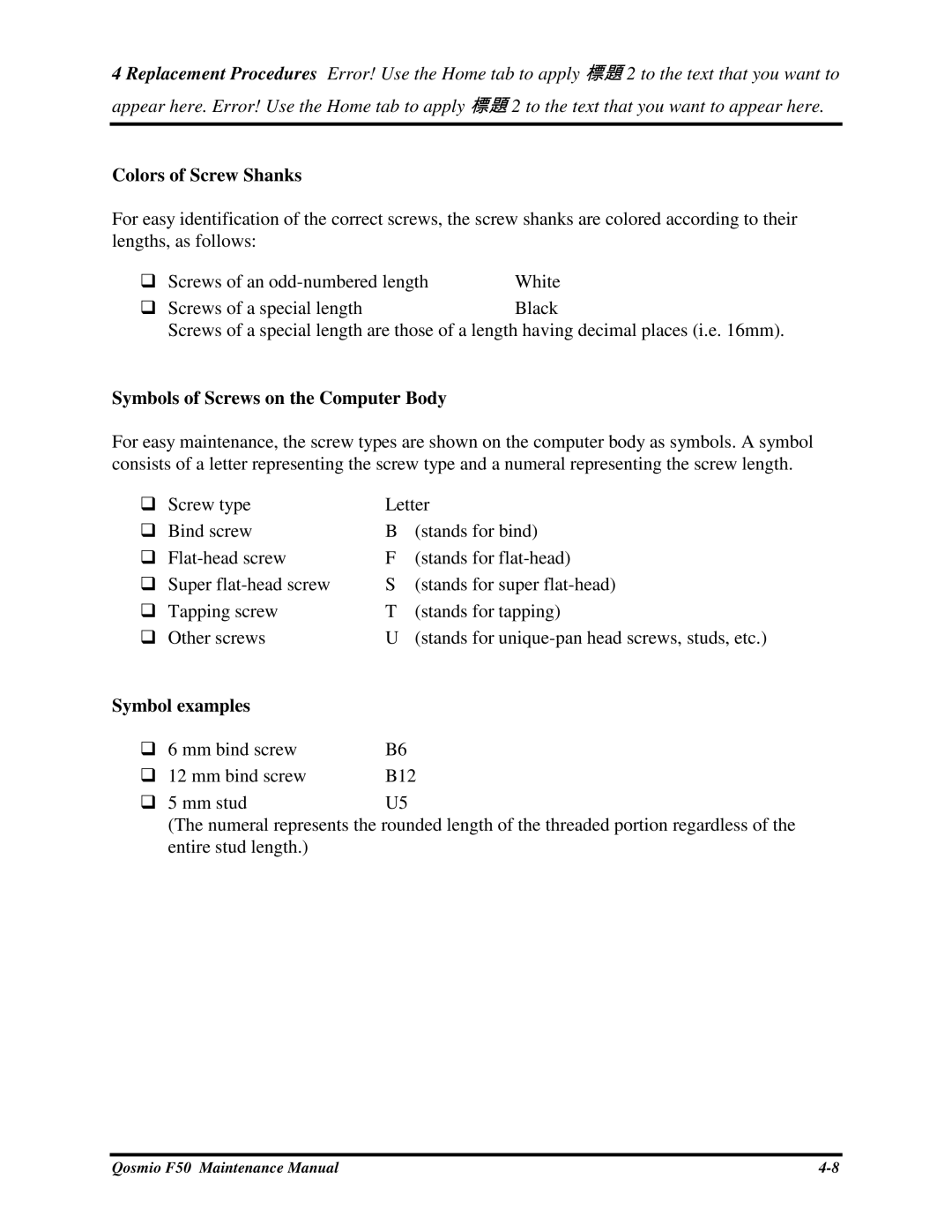 Toshiba Qosmio F50 manual ColorsofScrewShanks, SymbolsofScrewsontheComputerBody, Symbolexamples 