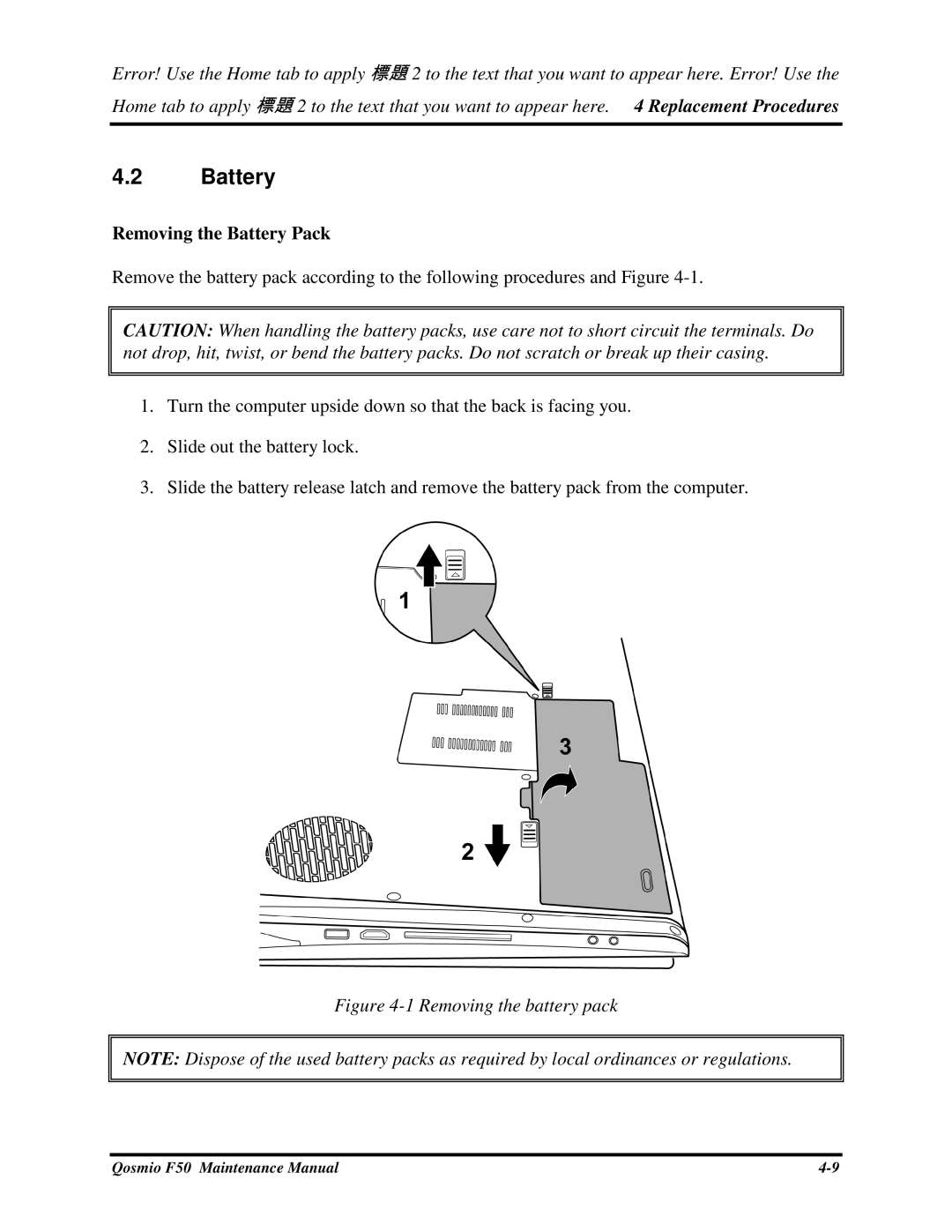 Toshiba Qosmio F50 manual RemovingtheBatteryPack 