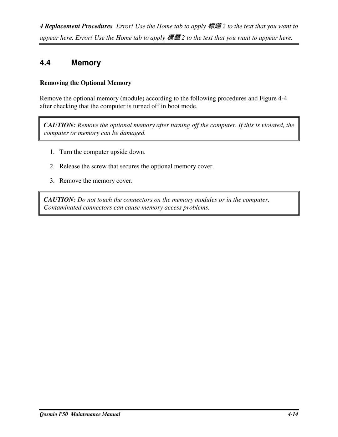 Toshiba Qosmio F50 manual RemovingtheOptionalMemory 