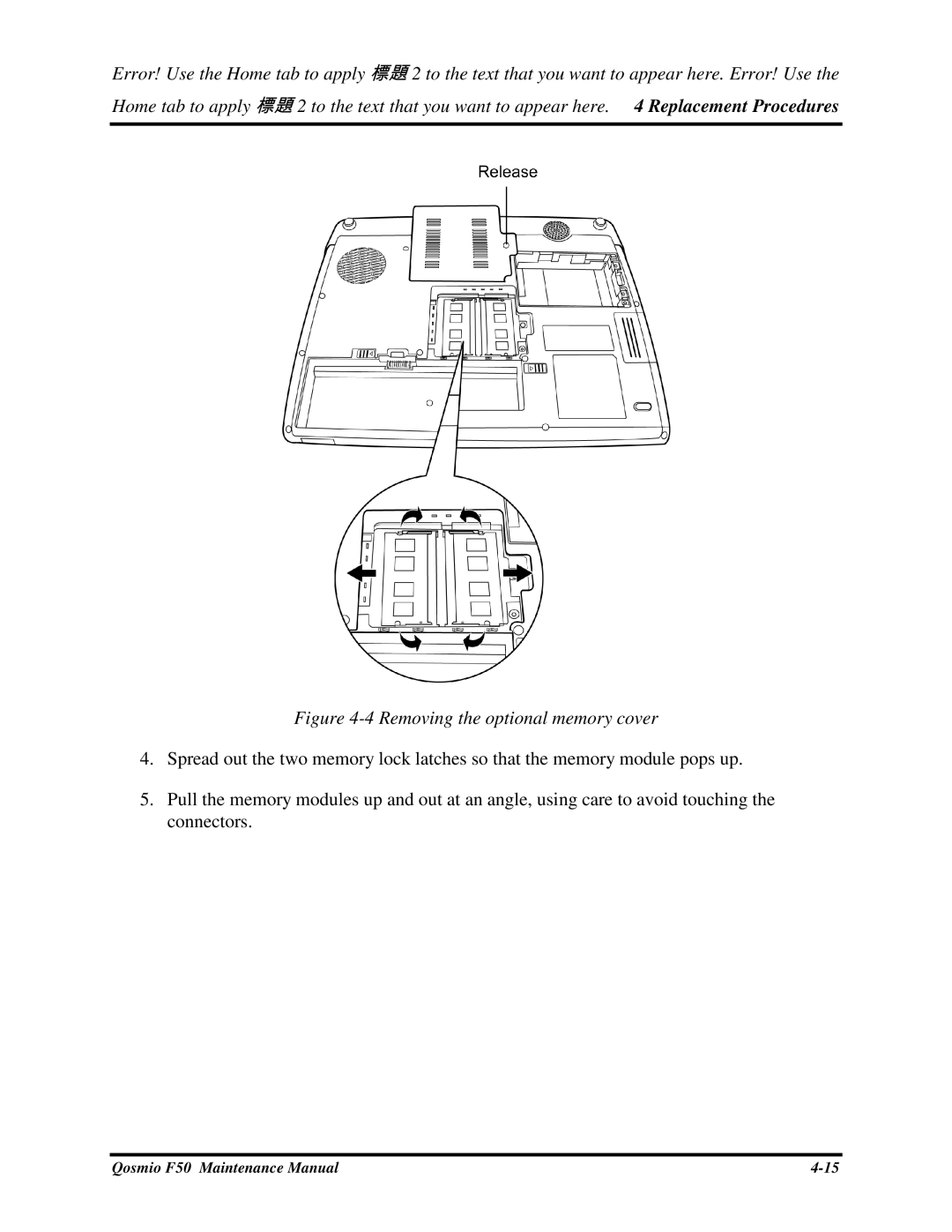 Toshiba Qosmio F50 manual 4Removingtheoptionalmemorycover, Spreadoutthetwomemorylocklatchessothatthememorymodulepopsup 