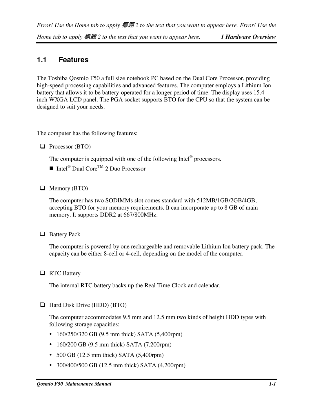 Toshiba Qosmio F50 manual Features, BatteryPack 