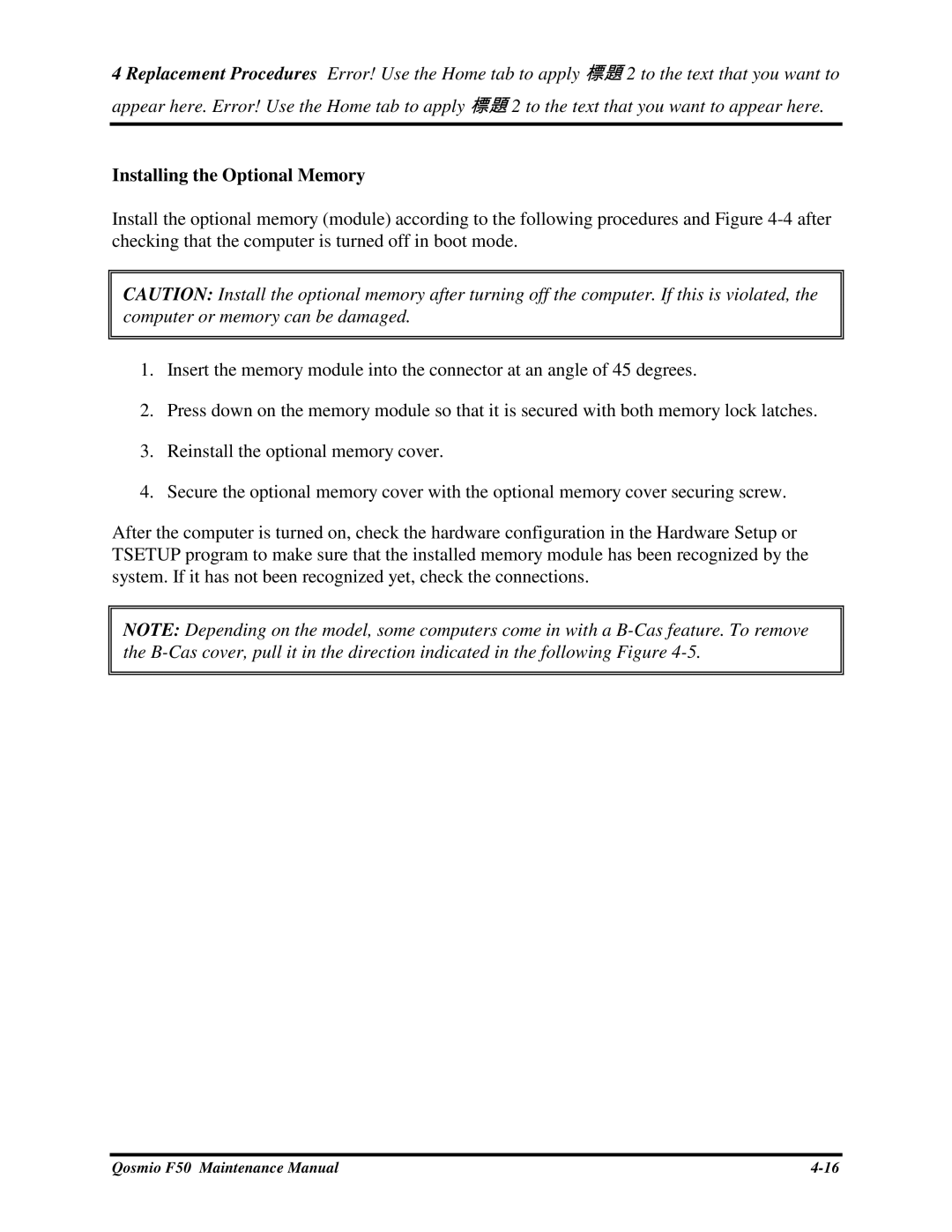 Toshiba Qosmio F50 manual InstallingtheOptionalMemory 