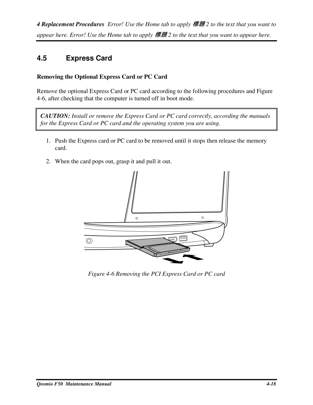 Toshiba Qosmio F50 manual RemovingtheOptionalExpressCardorPCCard, Whenthecardpopsout,graspitandpullitout 