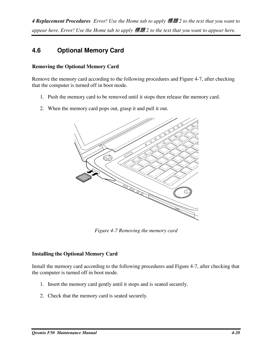 Toshiba Qosmio F50 manual RemovingtheOptionalMemoryCard, InstallingtheOptionalMemoryCard 