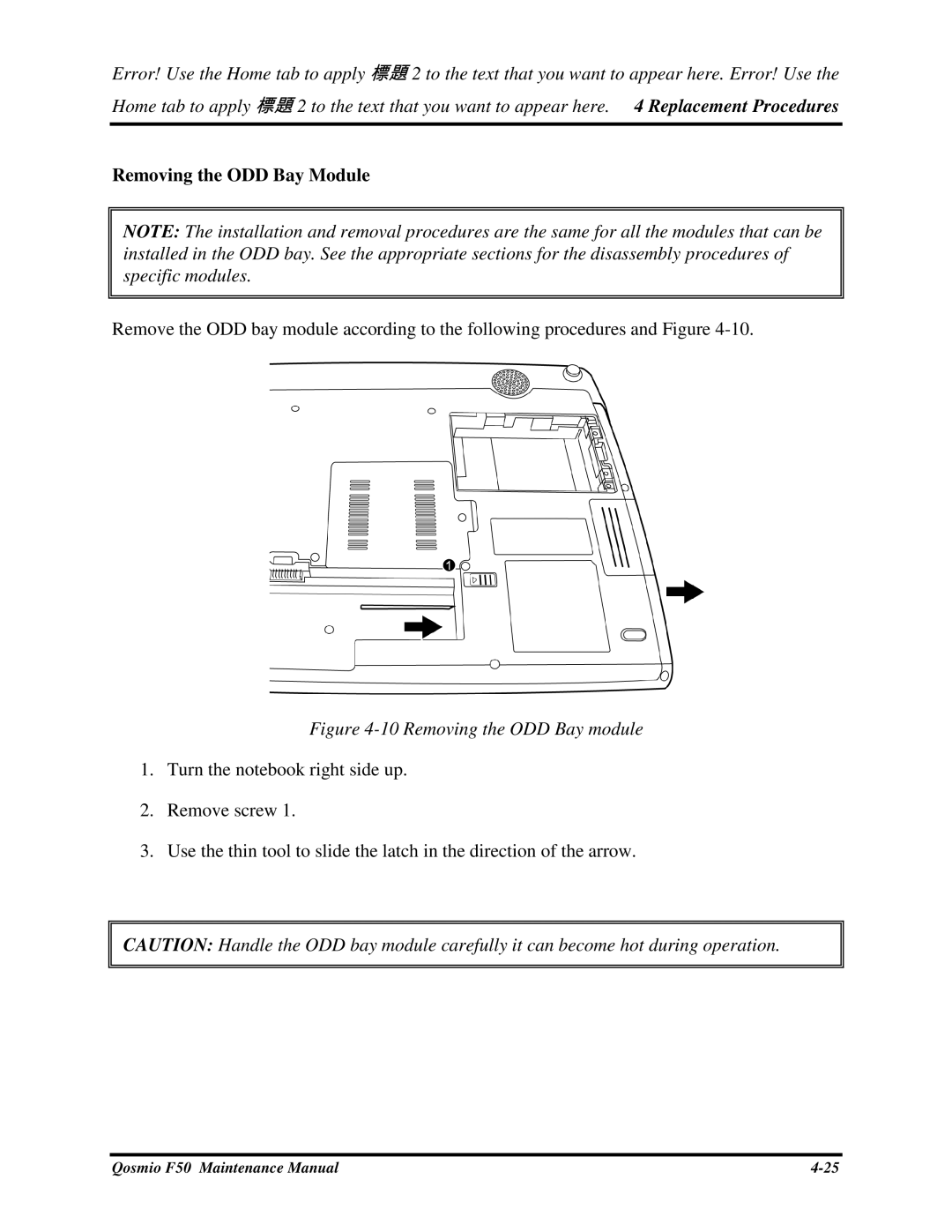 Toshiba Qosmio F50 manual RemovingtheODDBayModule, 10RemovingtheODDBaymodule 