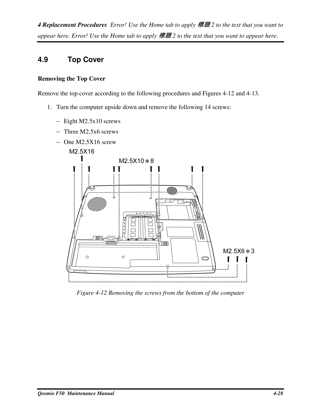 Toshiba Qosmio F50 manual RemovingtheTopCover 