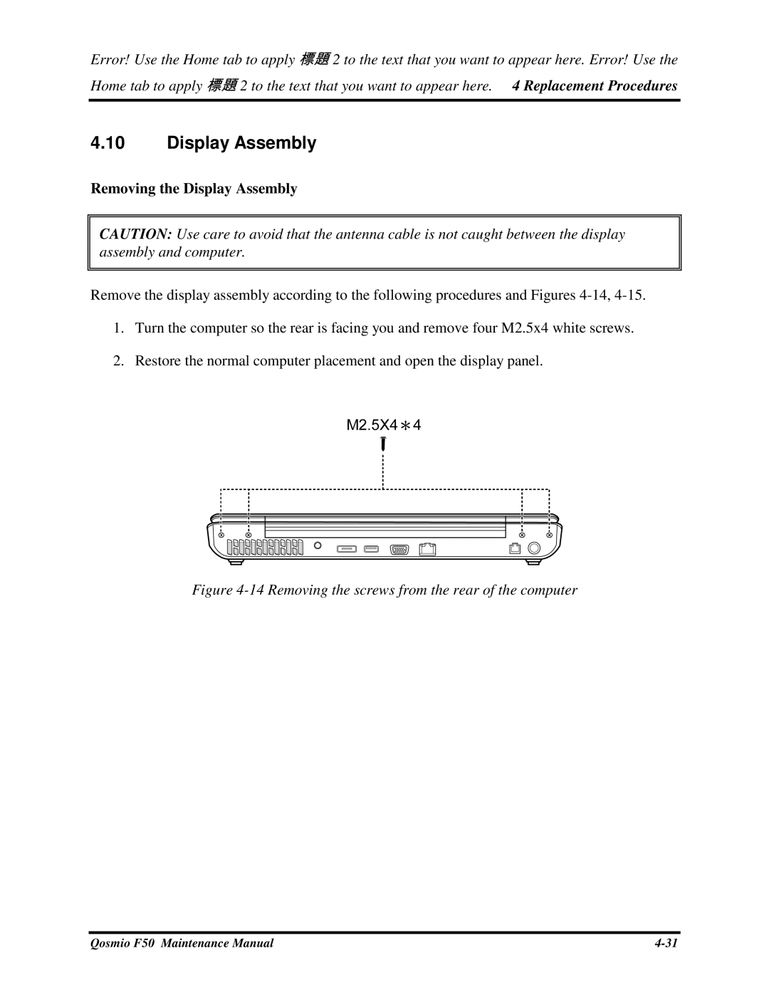 Toshiba Qosmio F50 manual RemovingtheDisplayAssembly 