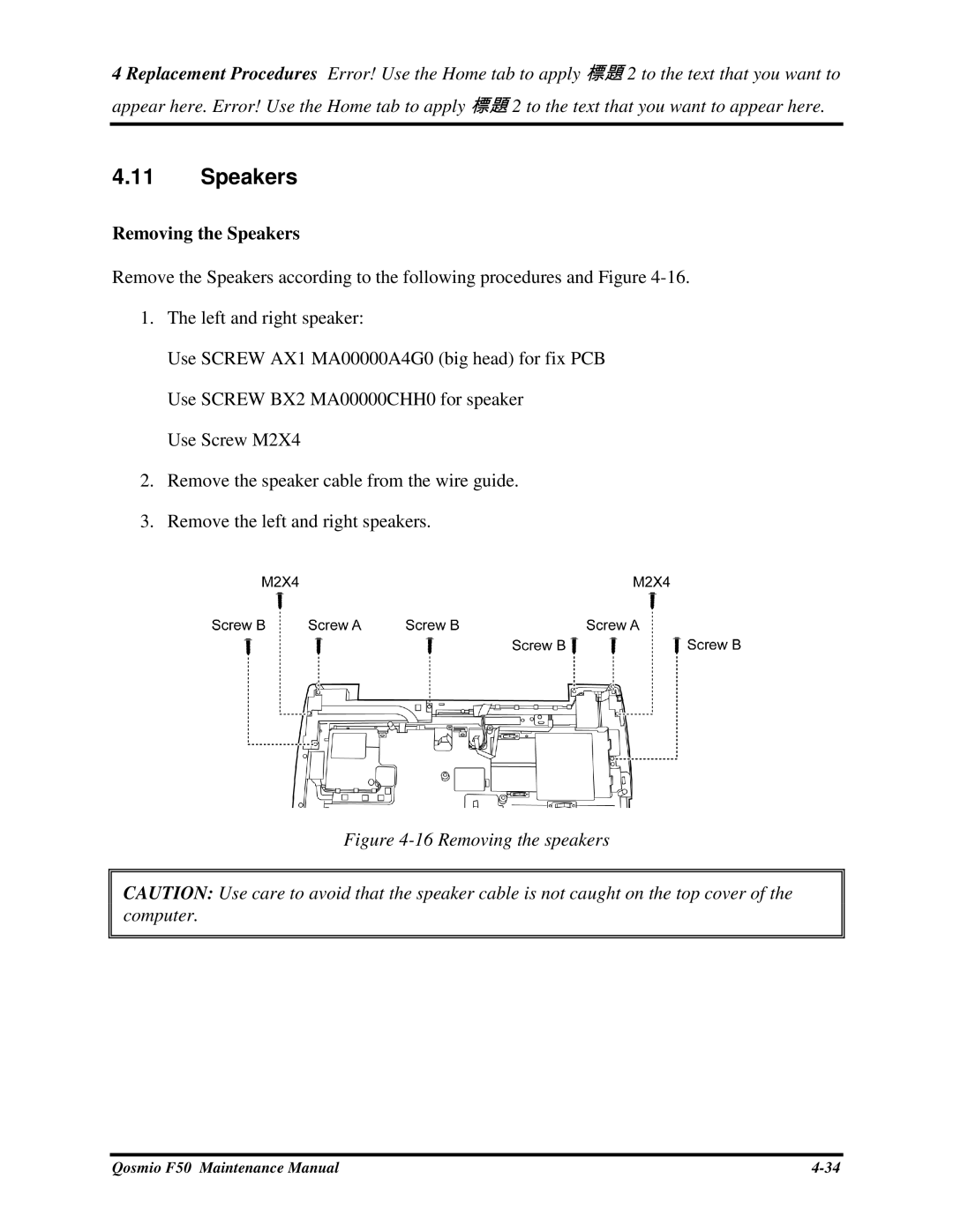 Toshiba Qosmio F50 manual RemovingtheSpeakers 