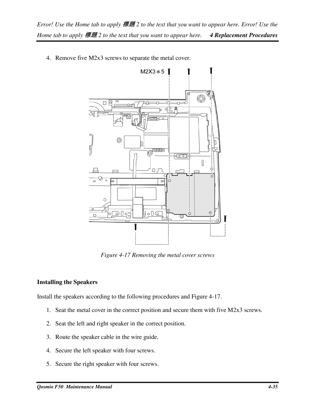 Toshiba Qosmio F50 manual RemovefiveM2x3screwstoseparatethemetalcover, InstallingtheSpeakers 