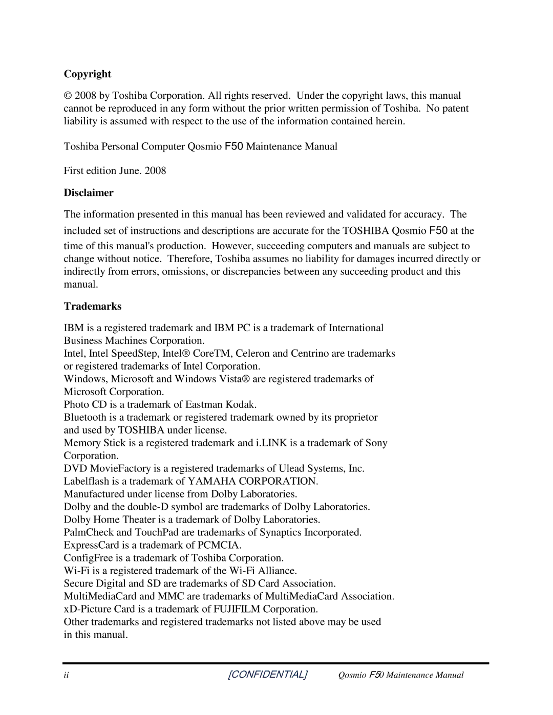 Toshiba Qosmio F50 manual Copyright, Disclaimer, Trademarks 