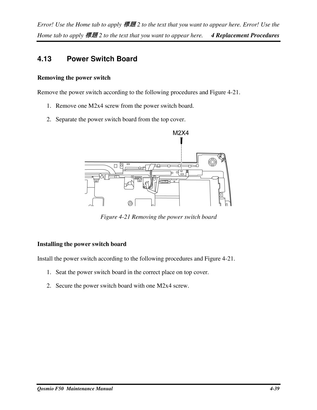 Toshiba Qosmio F50 manual PowerSwitchBoard, Removingthepowerswitch, Installingthepowerswitchboard 