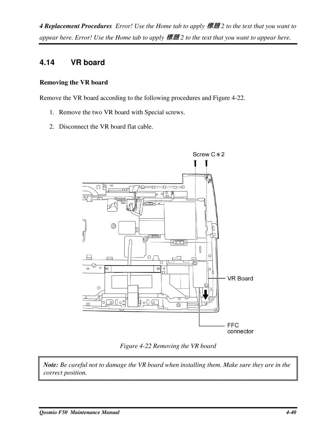 Toshiba Qosmio F50 manual RemovingtheVRboard 
