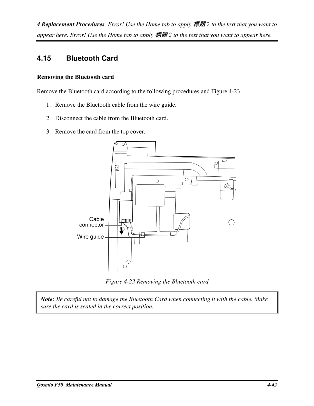 Toshiba Qosmio F50 manual BluetoothCard, RemovingtheBluetoothcard 