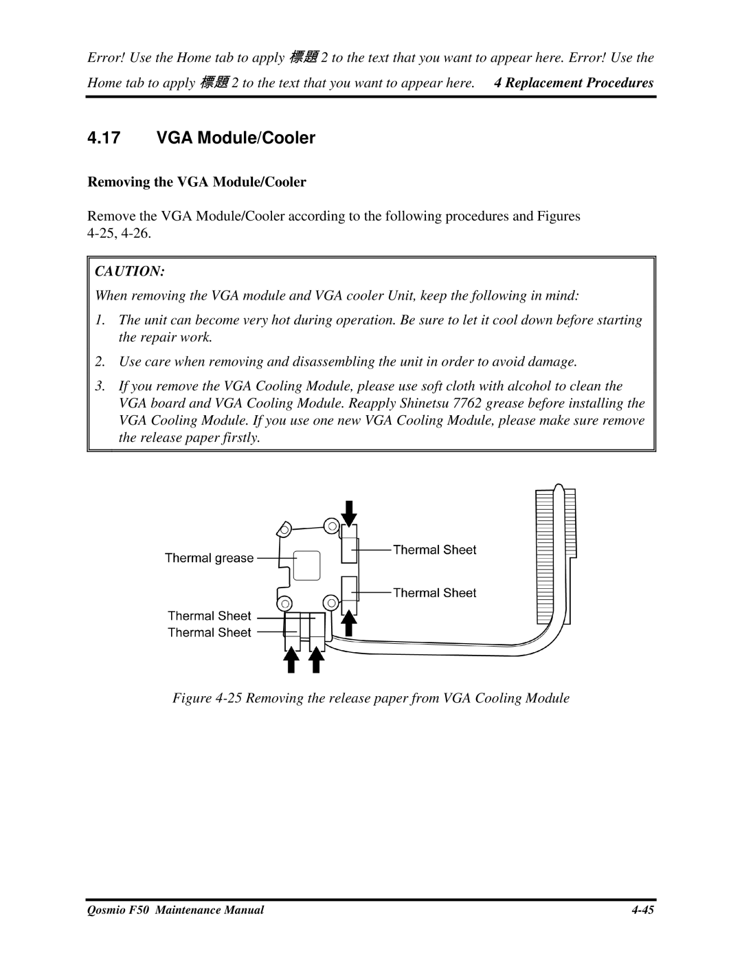 Toshiba Qosmio F50 manual RemovingtheVGAModule/Cooler 