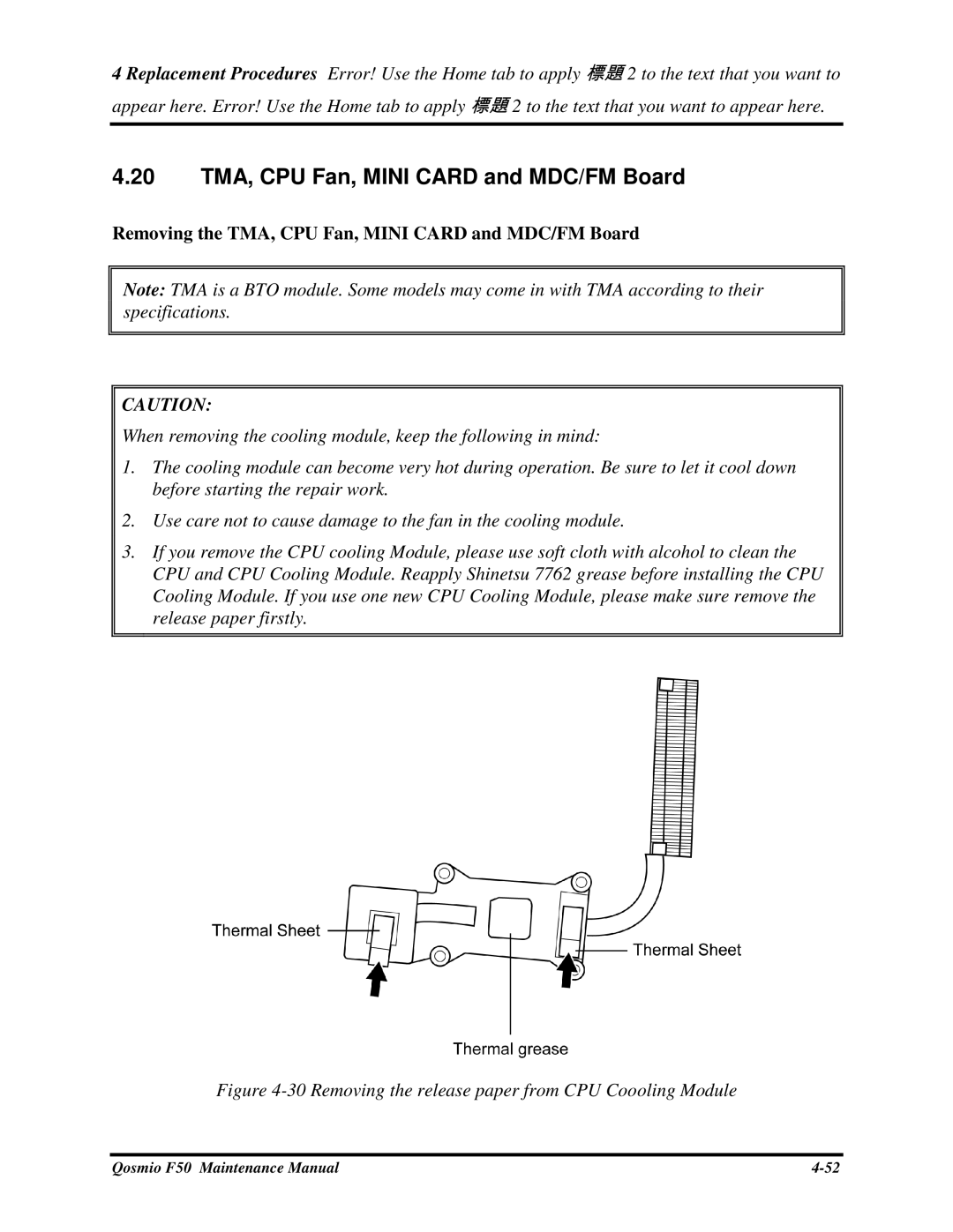 Toshiba Qosmio F50 manual 20 TMA,CPUFan,MINICARDandMDC/FMBoard, RemovingtheTMA,CPUFan,MINICARDandMDC/FMBoard 