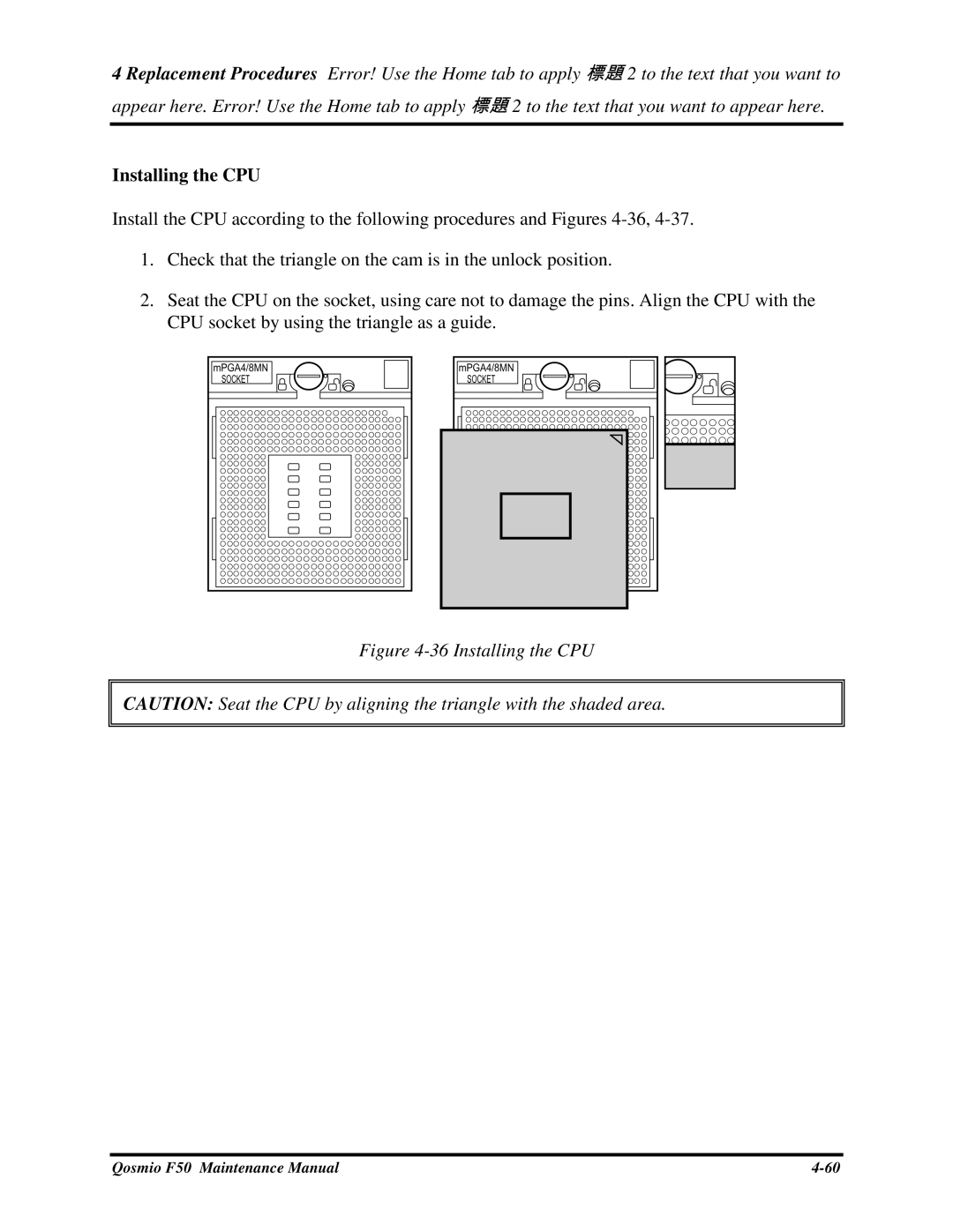 Toshiba Qosmio F50 manual 36InstallingtheCPU 