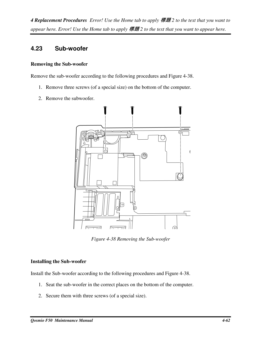 Toshiba Qosmio F50 manual 38RemovingtheSub-woofer 