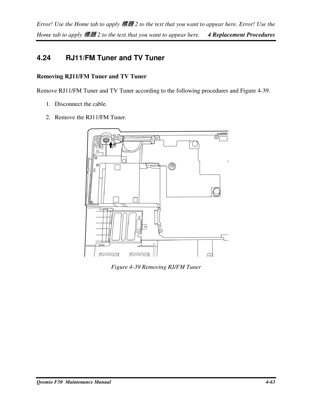 Toshiba Qosmio F50 manual 24 RJ11/FMTunerandTVTuner, 39RemovingRJ/FMTuner 