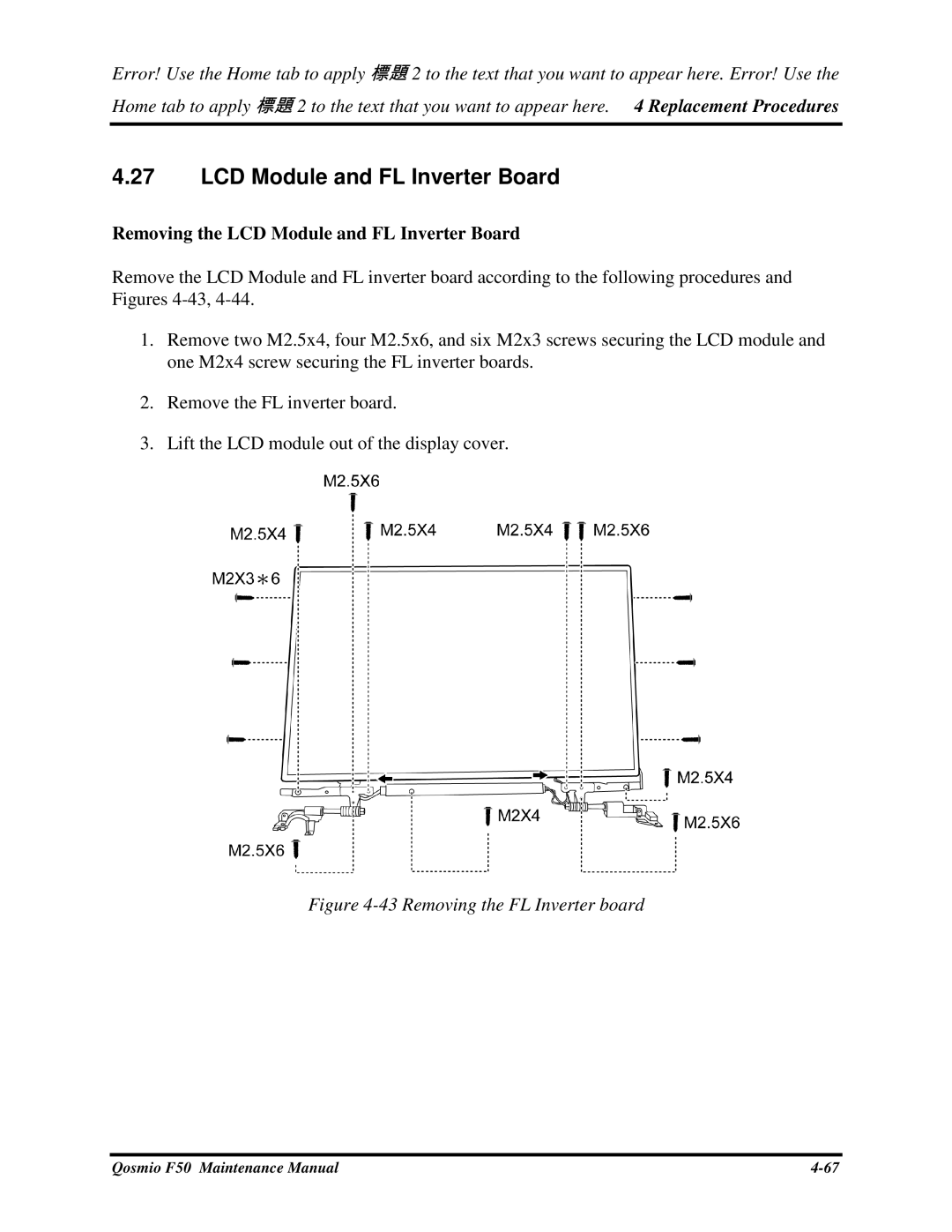 Toshiba Qosmio F50 manual RemovingtheLCDModuleandFLInverterBoard 