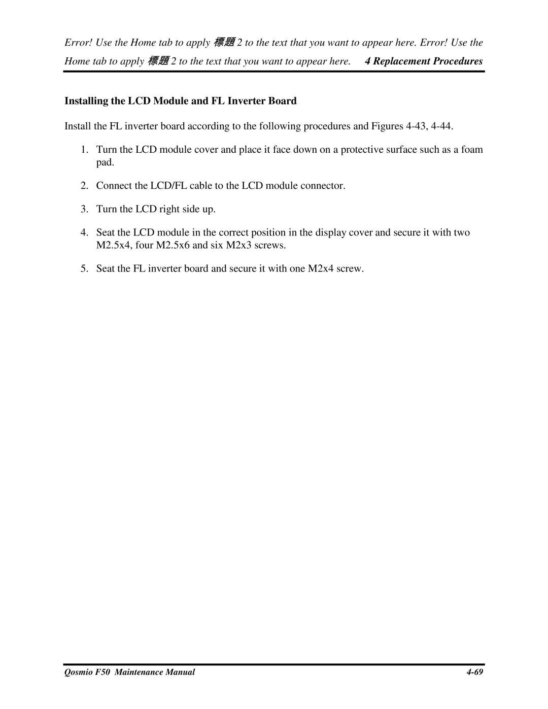 Toshiba Qosmio F50 manual InstallingtheLCDModuleandFLInverterBoard, SeattheFLinverterboardandsecureitwithoneM2x4screw 