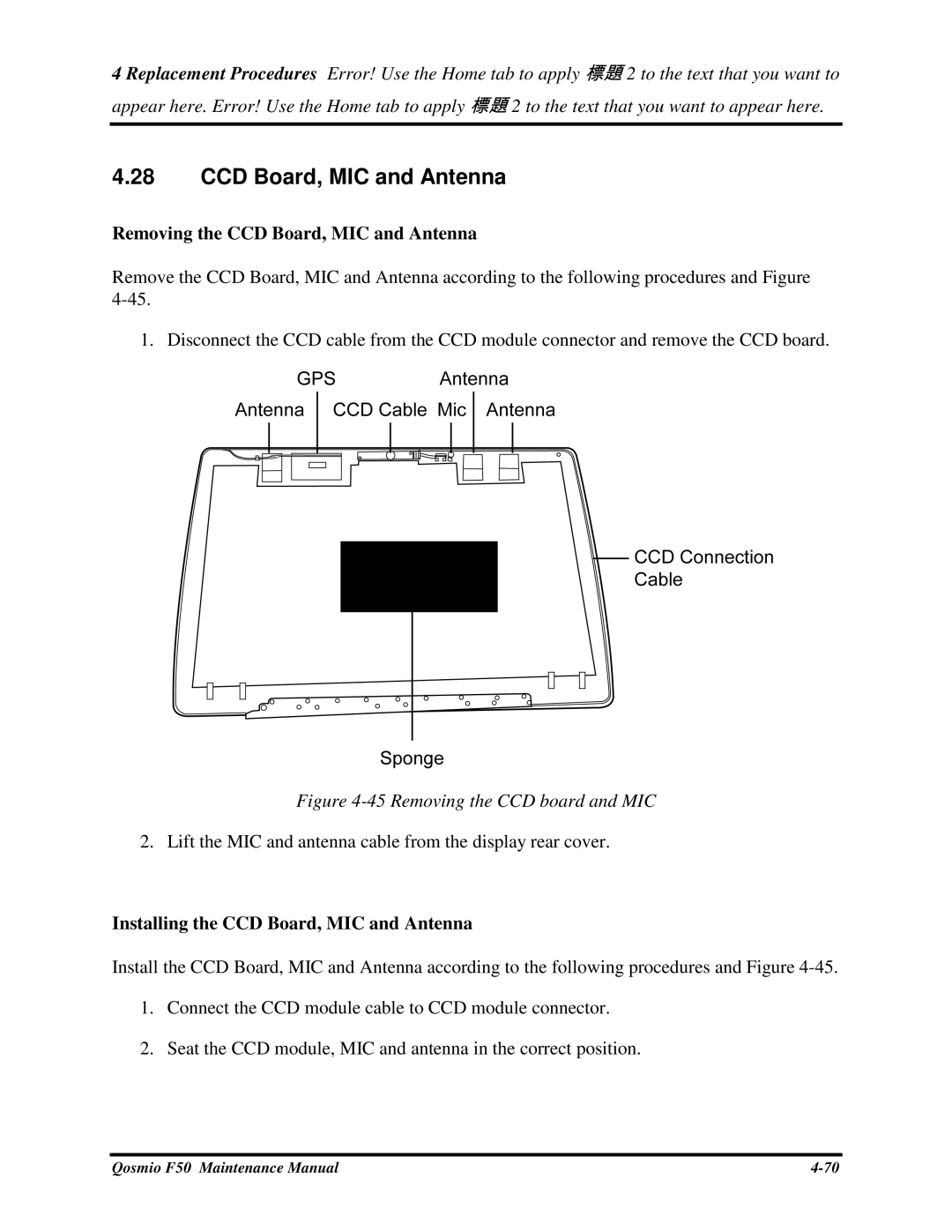 Toshiba Qosmio F50 manual CCDBoard,MICandAntenna, LifttheMICandantennacablefromthedisplayrearcover 