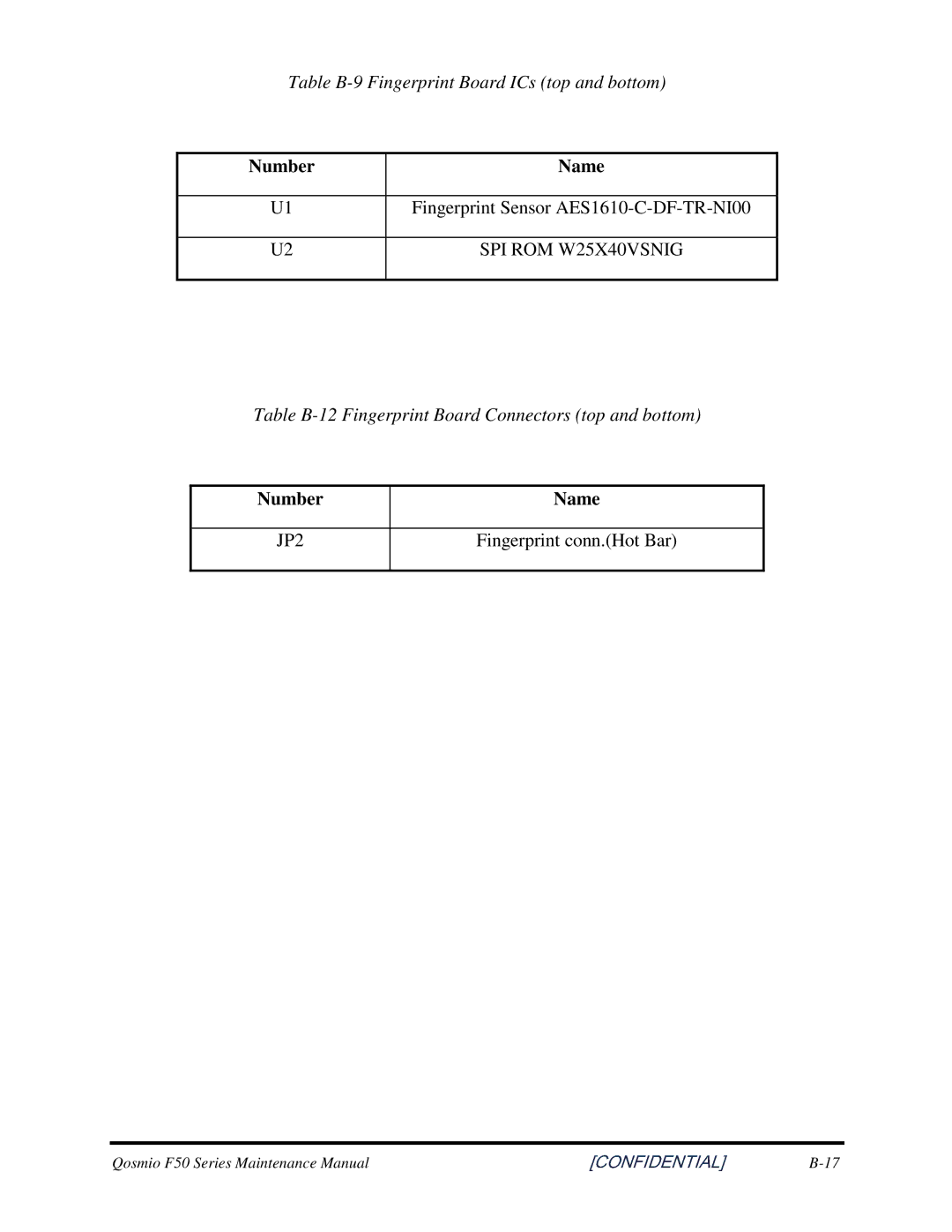 Toshiba Qosmio F50 manual TableB-9FingerprintBoardICstopandbottom, FingerprintSensorAES1610-C-DF-TR-NI00 