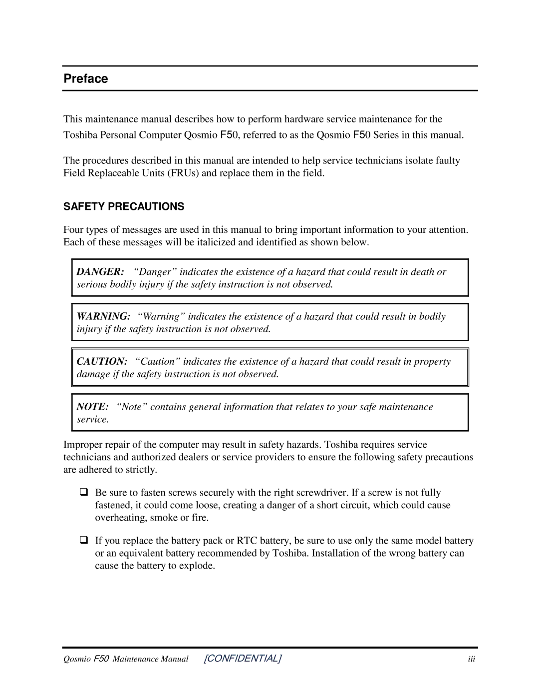 Toshiba Qosmio F50 manual Preface, Safetyprecautions 