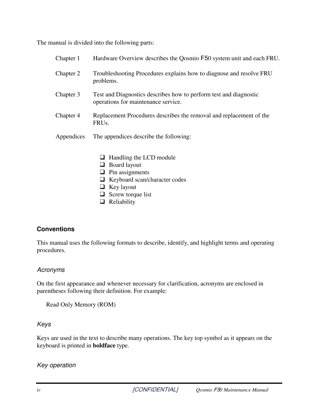 Toshiba Qosmio F50 manual Acronyms, ReadOnlyMemoryROM, Keys, Keyoperation 