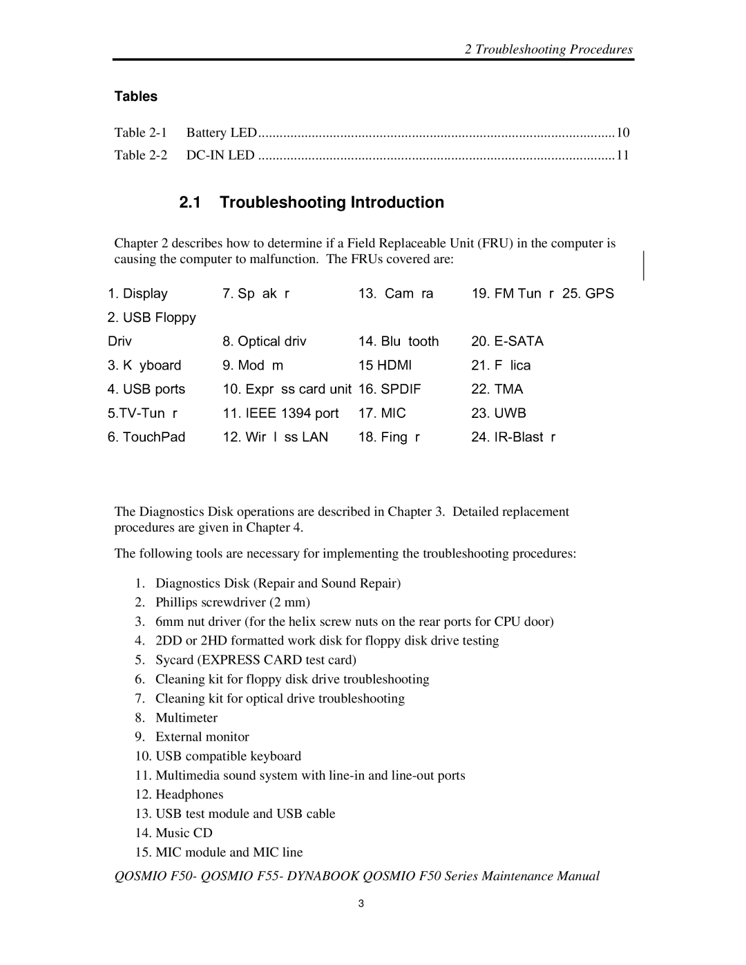 Toshiba Qosmio F50 manual TroubleshootingIntroduction, Tables 