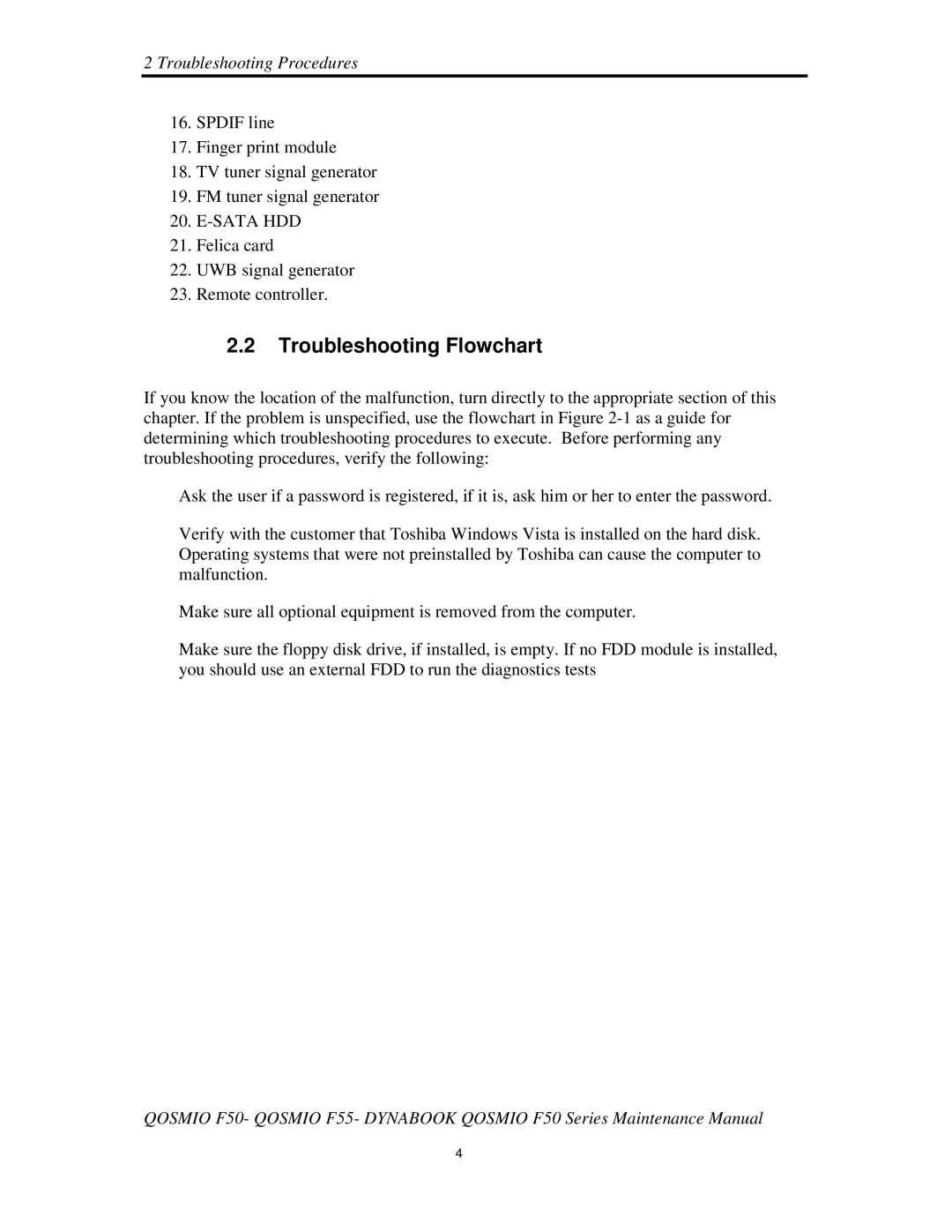 Toshiba Qosmio F50 manual TroubleshootingFlowchart, Felicacard UWBsignalgenerator Remotecontroller 